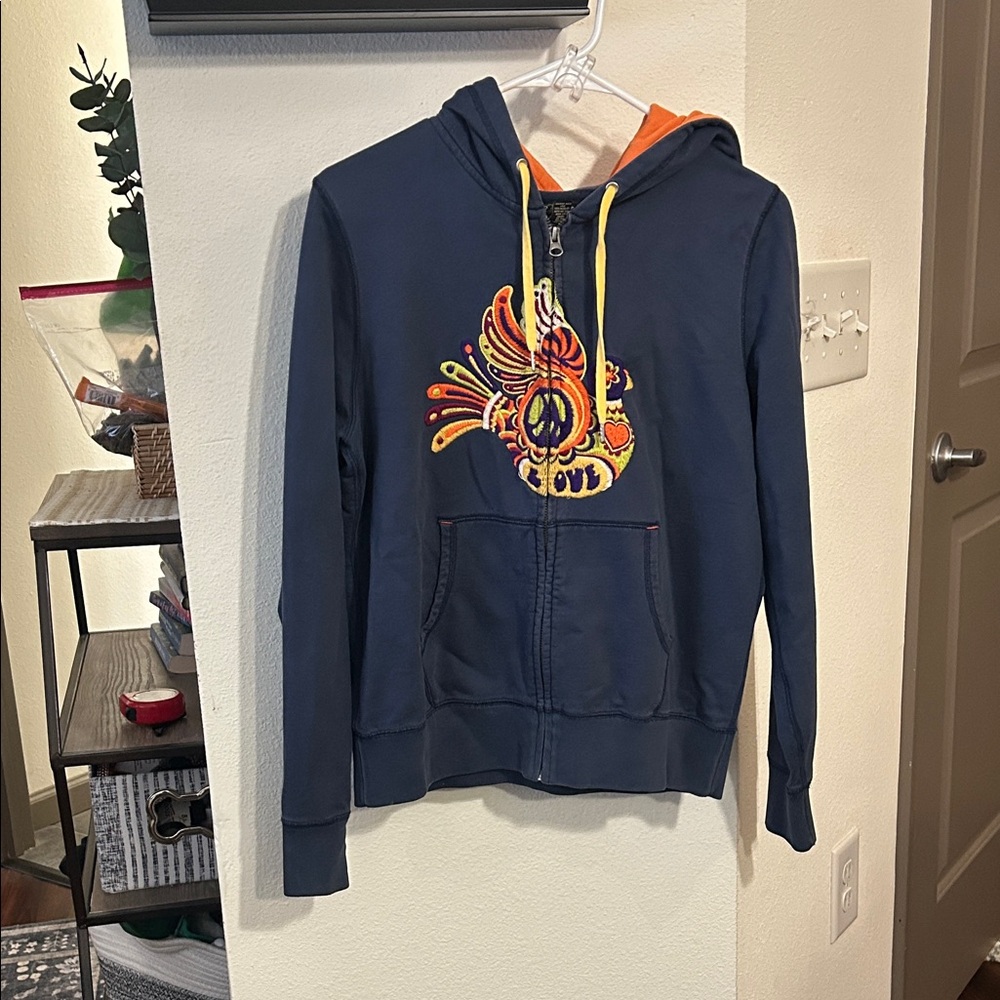 Y2K Lucky Brand Navy Zip-Up Hoodie with Colorful Bird Embroidery